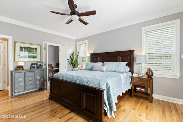 bedroom with baseboards, ornamental molding, ceiling fan, and light wood finished floors