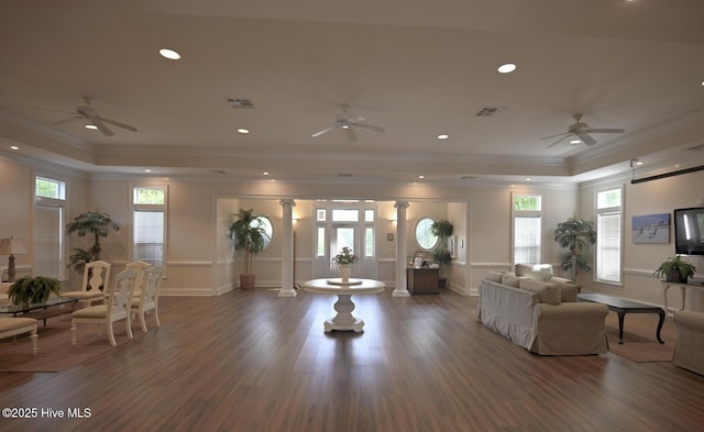 3100 Marsh Grove Ln Unit 3212, Southport, NC 28461 - living room with a tray ceiling, ceiling fan, ornamental molding, wood finished floors, and recessed lighting