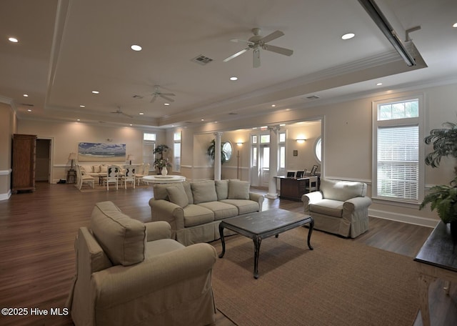 3100 Marsh Grove Ln Unit 3212, Southport, NC 28461 - living area featuring a raised ceiling, ornamental molding, a ceiling fan, wood finished floors, and recessed lighting