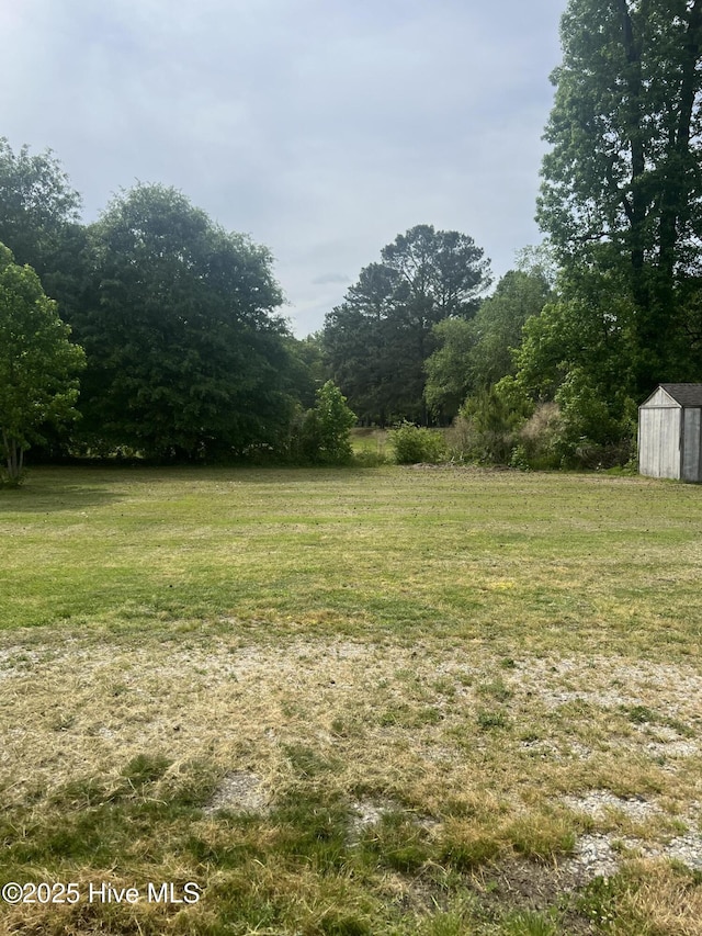 view of yard with an outbuilding and a shed