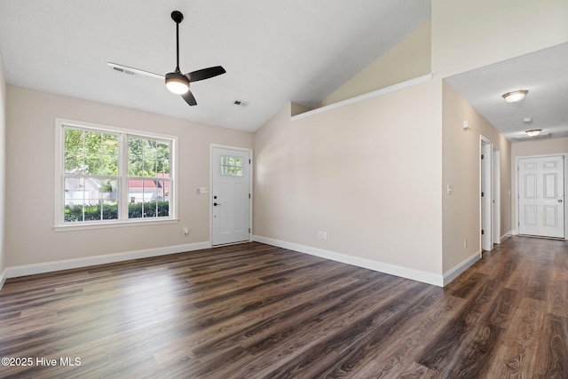 719 Oak Branches Close Close SE, Leland, NC 28451 - foyer featuring a ceiling fan, dark wood finished floors, baseboards, and high vaulted ceiling