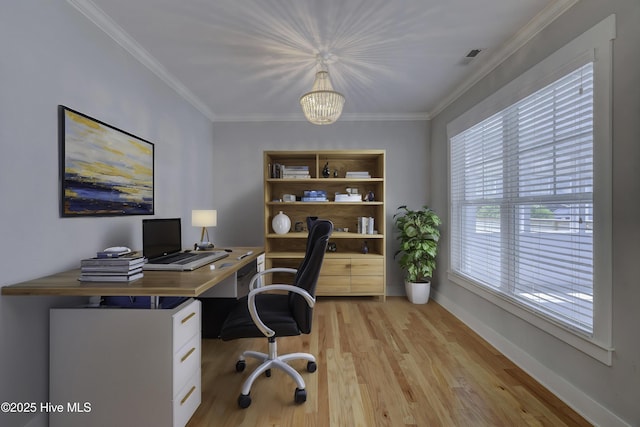 1012 Anchors Bend Way, Wilmington, NC 28411 - office area with ornamental molding, baseboards, light wood-style flooring, and a notable chandelier