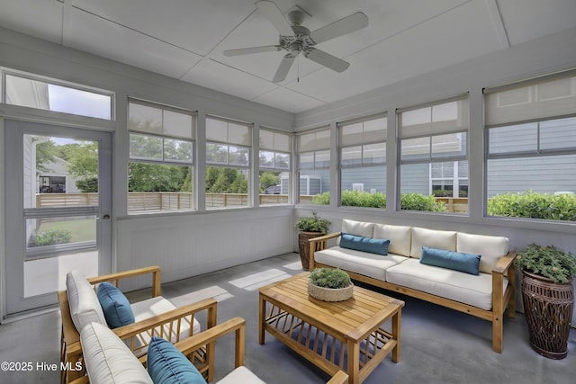 1012 Anchors Bend Way, Wilmington, NC 28411 - sunroom featuring an outdoor hangout area, ceiling fan, and finished concrete floors