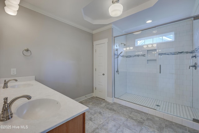 1012 Anchors Bend Way, Wilmington, NC 28411 - full bathroom with crown molding, double vanity, a sink, and a shower stall