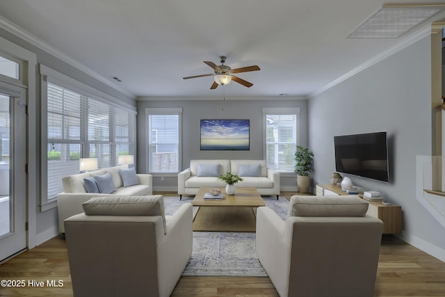 1012 Anchors Bend Way, Wilmington, NC 28411 - living room with wood finished floors, ceiling fan, baseboards, visible vents, and crown molding
