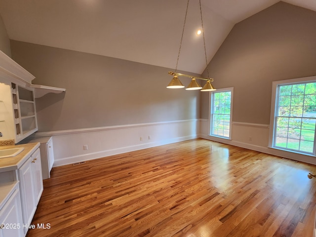 unfurnished dining area featuring light wood-style floors, a sink, a wainscoted wall, and high vaulted ceiling