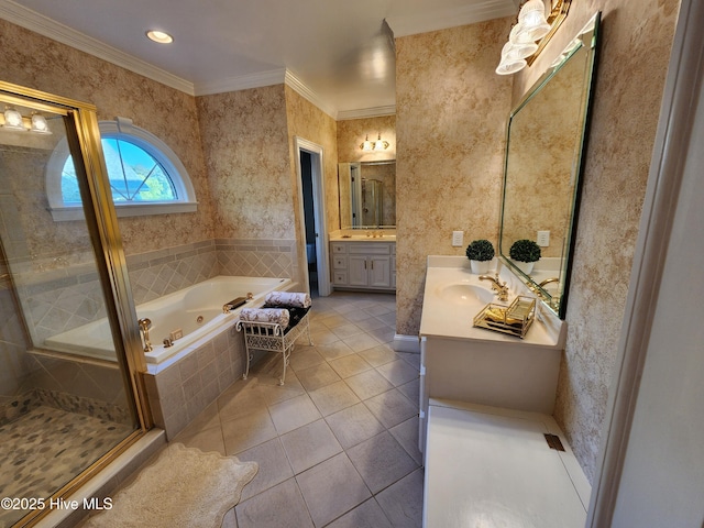 full bathroom featuring a sink, tile patterned flooring, a shower stall, two vanities, and ornamental molding