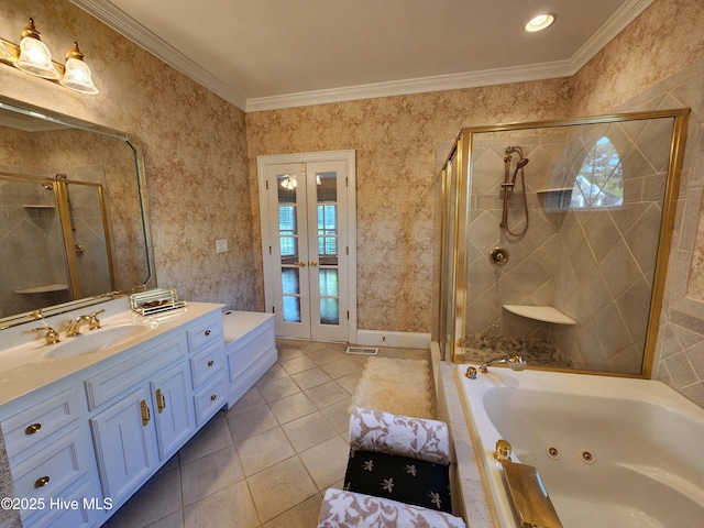 full bathroom featuring a jetted tub, french doors, tile patterned flooring, a shower stall, and vanity