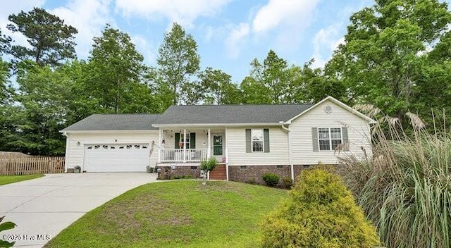 single story home featuring crawl space, covered porch, concrete driveway, and an attached garage