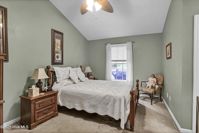 bedroom with lofted ceiling, baseboards, carpet, and a ceiling fan