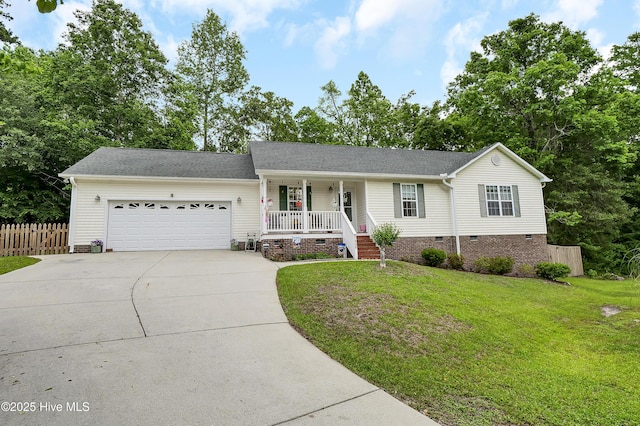 ranch-style home with crawl space, a porch, concrete driveway, a garage, and a shingled roof