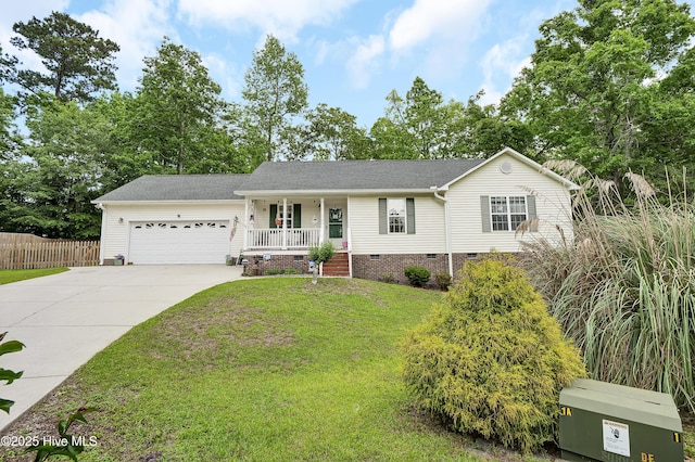 ranch-style home featuring crawl space, covered porch, an attached garage, concrete driveway, and a shingled roof