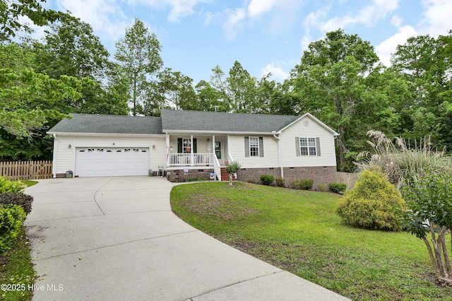 ranch-style house featuring crawl space, a porch, a garage, concrete driveway, and roof with shingles