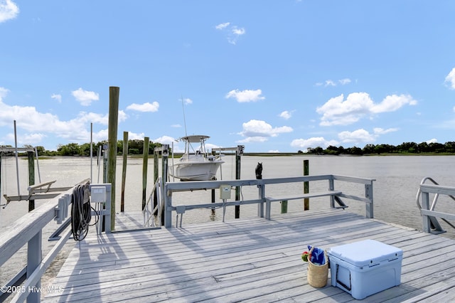 view of dock with a water view and boat lift