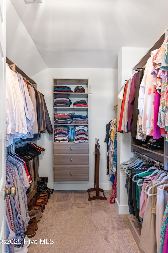 spacious closet with carpet and vaulted ceiling