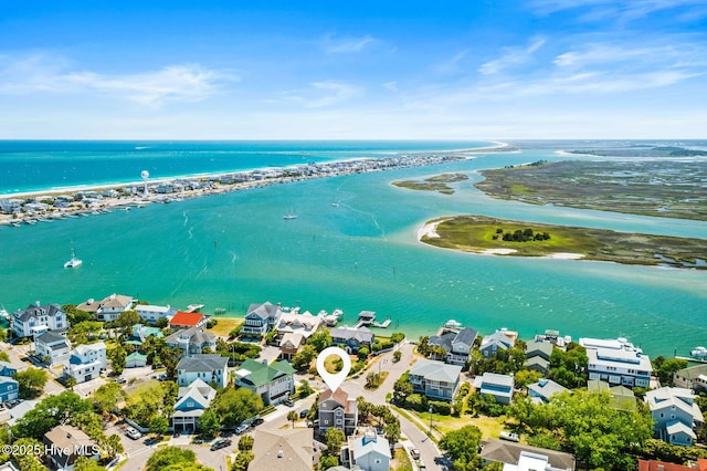 aerial view with a water view and a residential view
