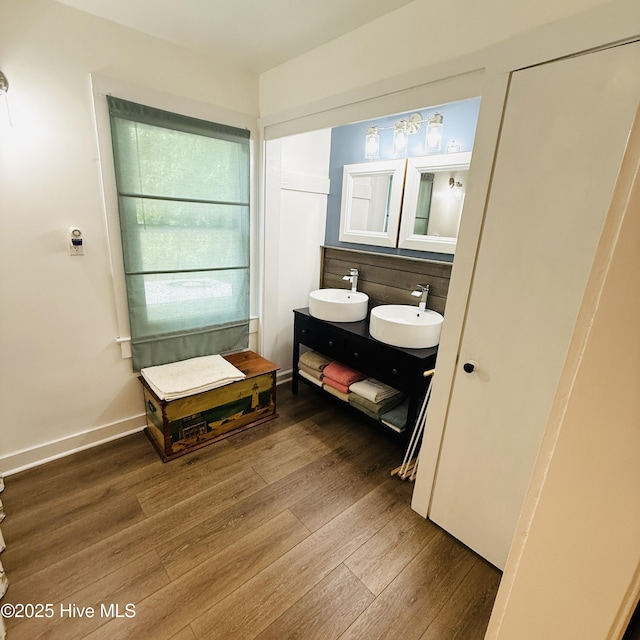full bath featuring double vanity, wood finished floors, and a sink