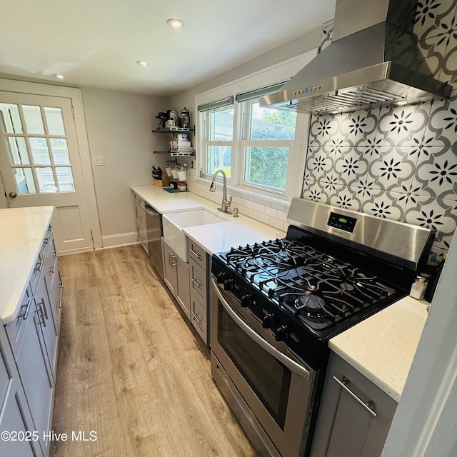 kitchen with tasteful backsplash, a sink, light wood finished floors, appliances with stainless steel finishes, and ventilation hood
