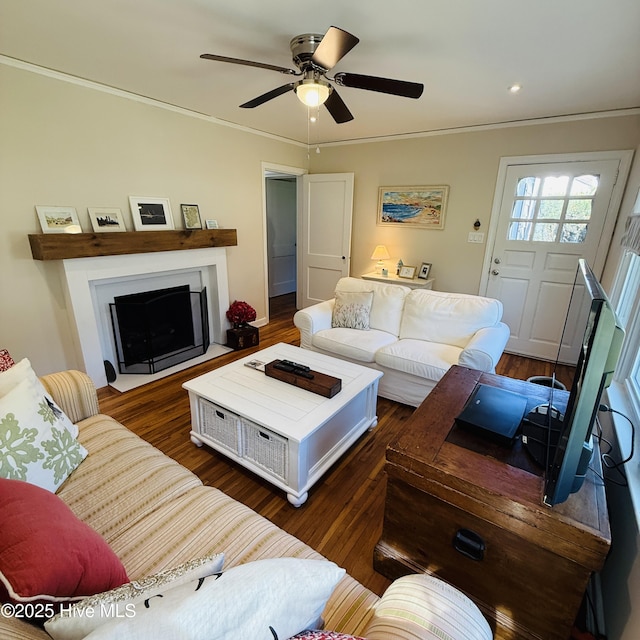 living room with a ceiling fan, crown molding, and dark wood-style floors