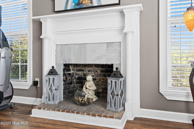details featuring wood finished floors, a fireplace with raised hearth, and baseboards