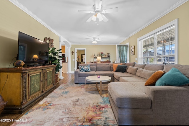living area featuring ornamental molding, arched walkways, ceiling fan, and wood finished floors