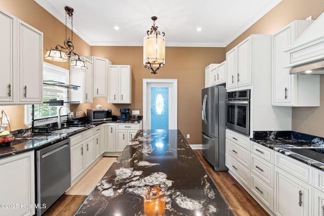 kitchen with appliances with stainless steel finishes, custom range hood, ornamental molding, and dark wood-style floors