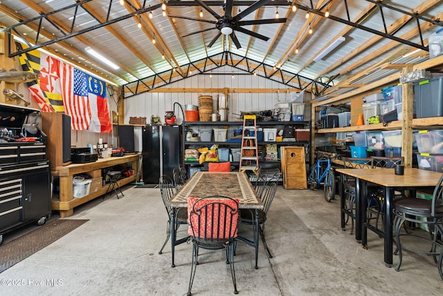 interior space with ceiling fan