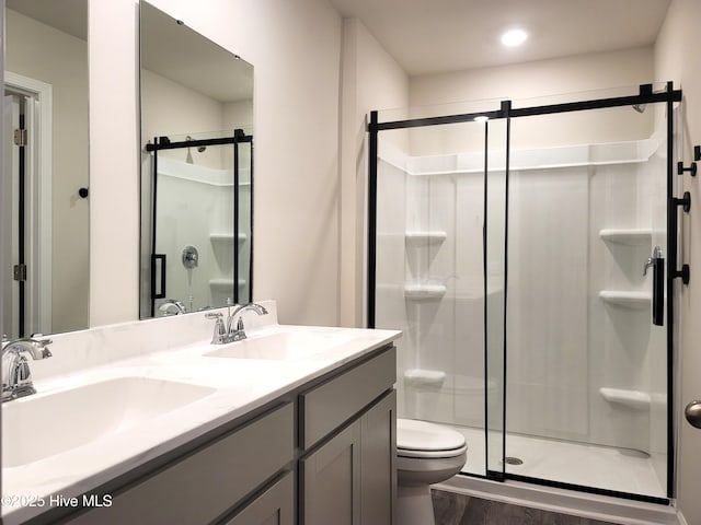 full bathroom featuring toilet, wood finished floors, a shower stall, and a sink