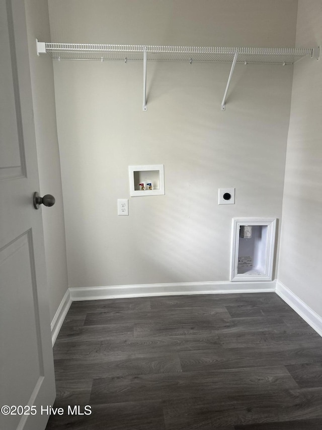 laundry area with washer hookup, electric dryer hookup, baseboards, dark wood-type flooring, and laundry area