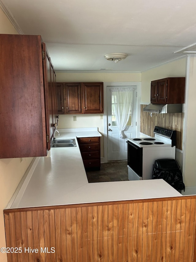 207 E Ashe St, Burgaw, NC 28425 - kitchen featuring a sink, light countertops, under cabinet range hood, electric range, and a peninsula