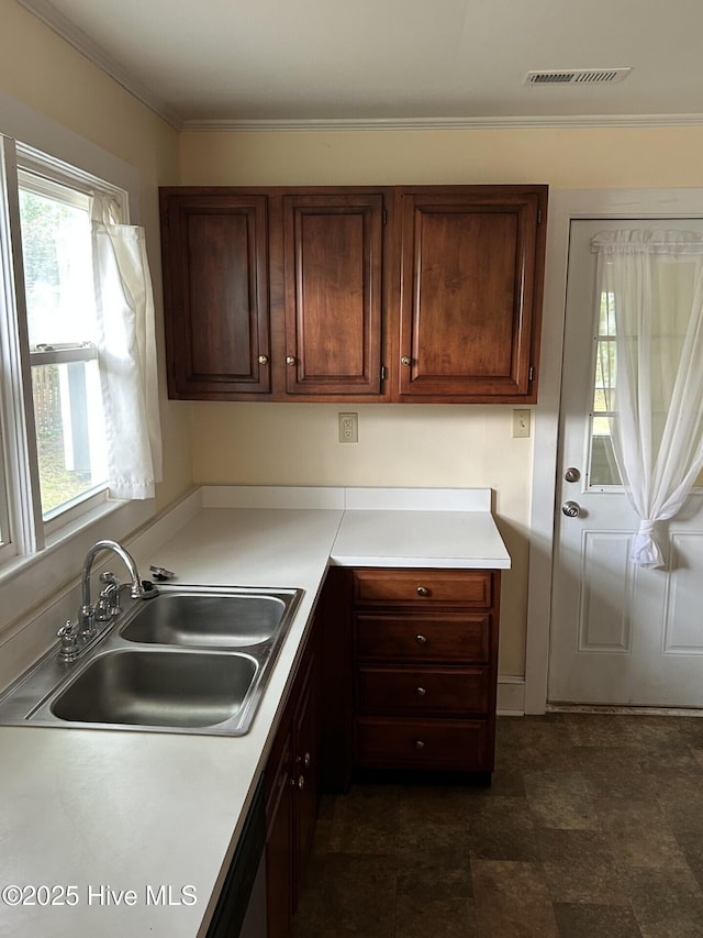207 E Ashe St, Burgaw, NC 28425 - kitchen featuring visible vents, light countertops, ornamental molding, and a sink