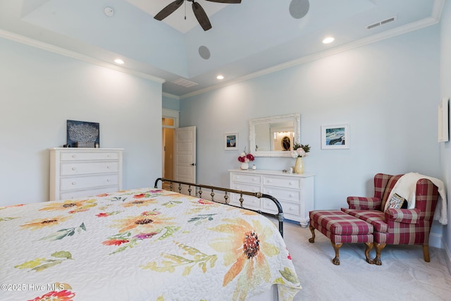bedroom featuring light colored carpet, crown molding, recessed lighting, and ceiling fan