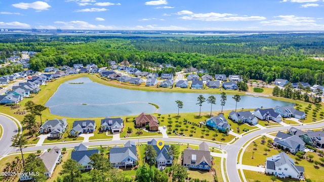 aerial perspective of suburban area with a heavily wooded area and a large body of water