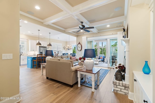 living area featuring a ceiling fan, beam ceiling, light wood-type flooring, crown molding, and recessed lighting