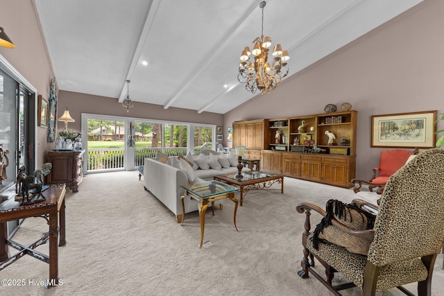 living room featuring light colored carpet, a chandelier, beamed ceiling, and high vaulted ceiling