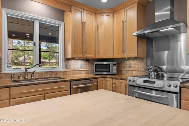 kitchen with appliances with stainless steel finishes, wall chimney exhaust hood, a sink, and tasteful backsplash