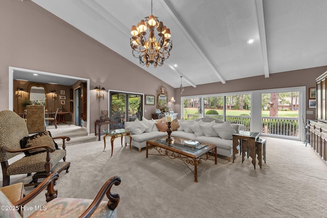 living room with a chandelier, carpet, high vaulted ceiling, beam ceiling, and recessed lighting
