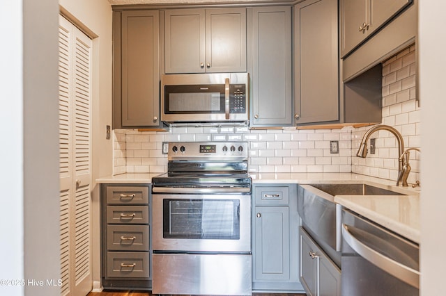 1100 Clarendon St Unit 606, Fayetteville, NC 28305 - kitchen with appliances with stainless steel finishes, backsplash, gray cabinets, and light countertops
