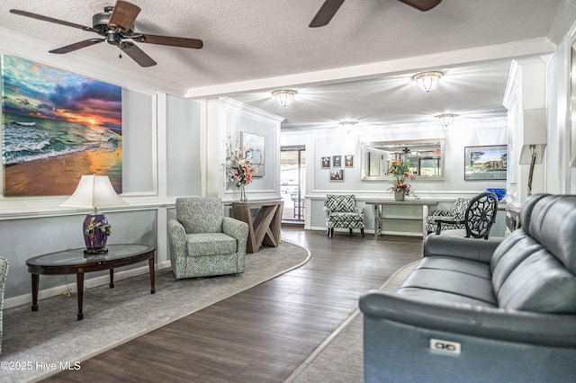 1100 Clarendon St Unit 606, Fayetteville, NC 28305 - living area featuring ceiling fan, ornamental molding, wood finished floors, and a textured ceiling