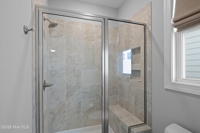 bathroom featuring toilet and a shower stall