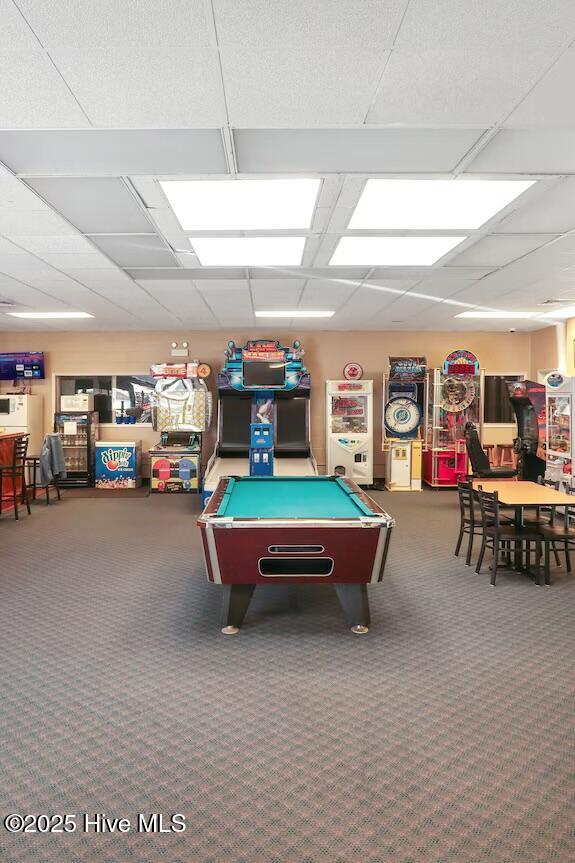 rec room featuring billiards and carpet