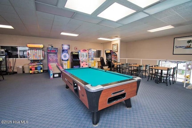 game room featuring billiards, carpet flooring, and a drop ceiling
