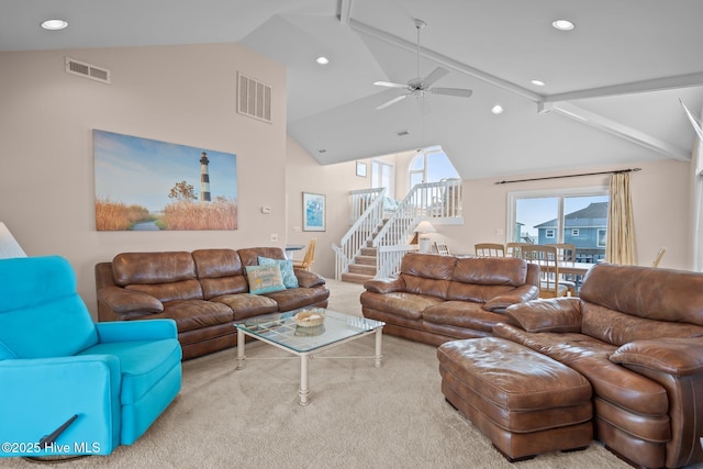 living area with high vaulted ceiling, ceiling fan, carpet floors, recessed lighting, and stairs