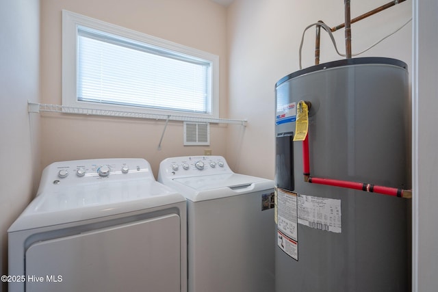 clothes washing area with water heater and independent washer and dryer