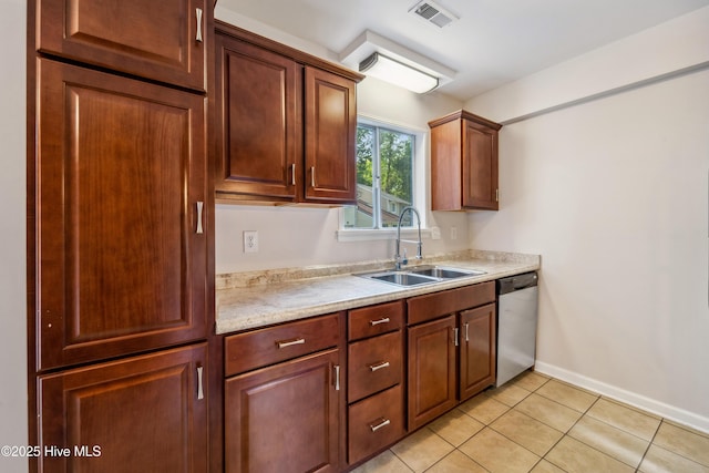 kitchen featuring stainless steel dishwasher, baseboards, visible vents, a sink, and light countertops