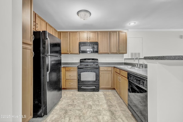 kitchen with dark countertops, a sink, black appliances, light brown cabinets, and ornamental molding