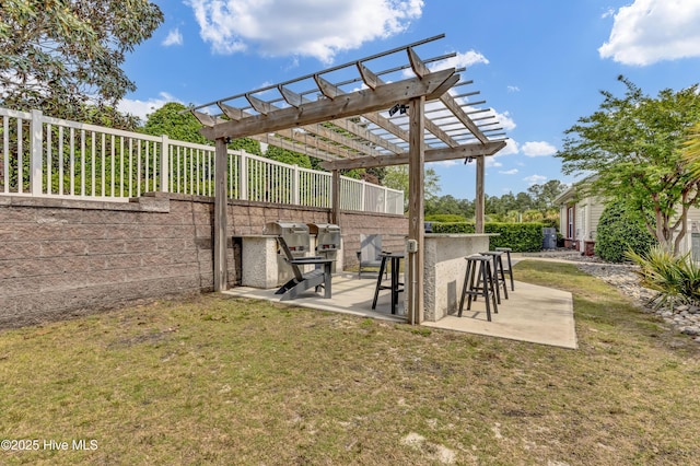 view of patio featuring fence, a pergola, and outdoor dry bar