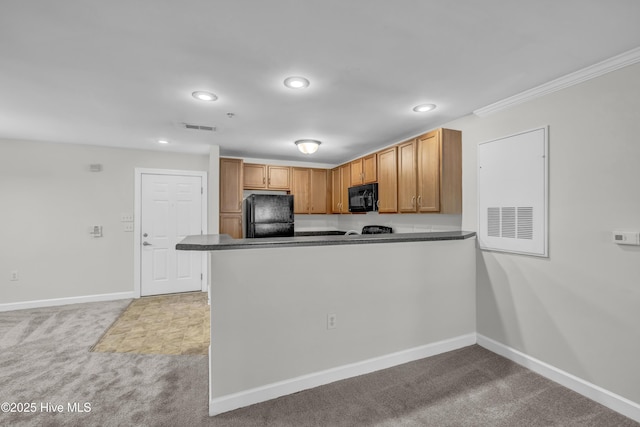 kitchen with dark countertops, light colored carpet, recessed lighting, visible vents, and black appliances