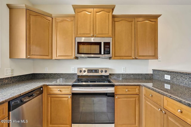 1008 Garden Club Way, Leland, NC 28451 - kitchen with stainless steel appliances, tile patterned floors, and dark stone countertops