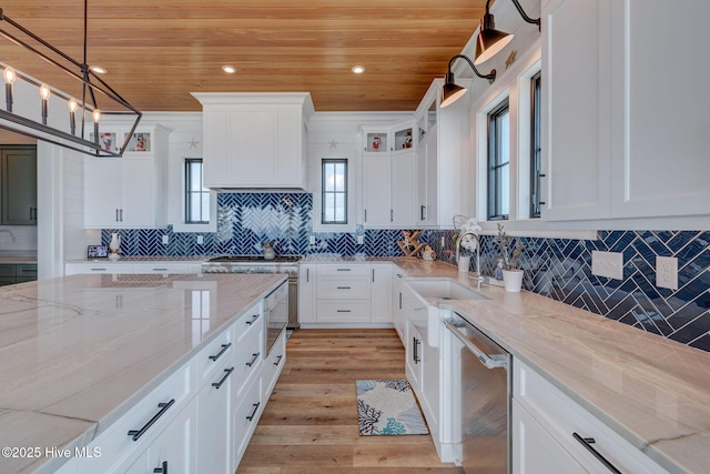 kitchen featuring white cabinetry, wooden ceiling, dishwasher, and decorative backsplash